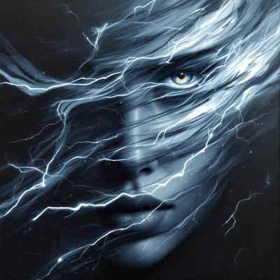 The primary subject of the image is a woman with long hair and a blue eye. She is looking at the camera with a mysterious expression. The setting is a dark room, and the visual style is a black and white drawing. The colors and mood of the image are dramatic and intense, with the woman's blue eye standing out as the focal point.